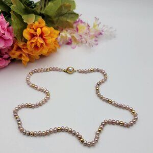 Vintage Pink Pearl Beaded Necklace Gold Tone Box Clasp 20.5" Dainty